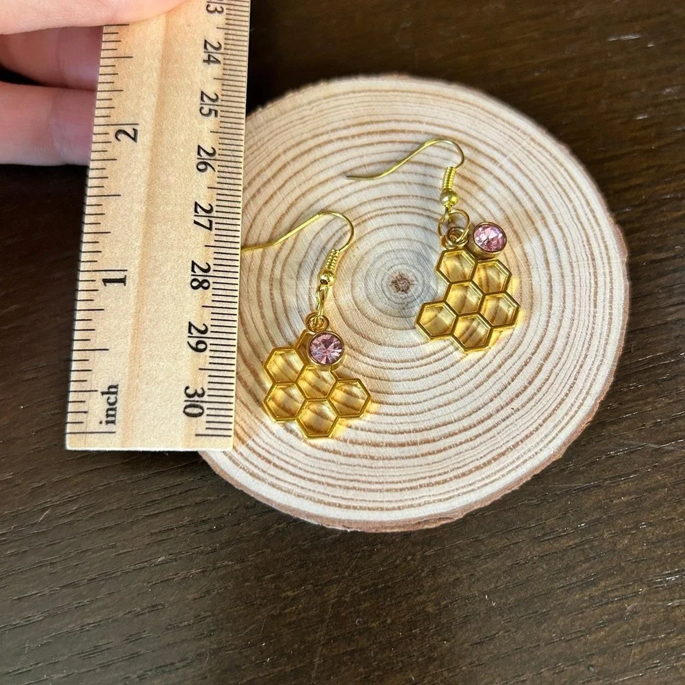 Upcycled Honeycomb Dangle Earrings with Pink Jewel Gold Tone‎ Bee Jewelry